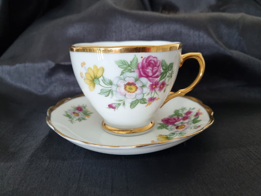 Vintage Tea Cup and Saucer Gold Trim with Floral Pattern