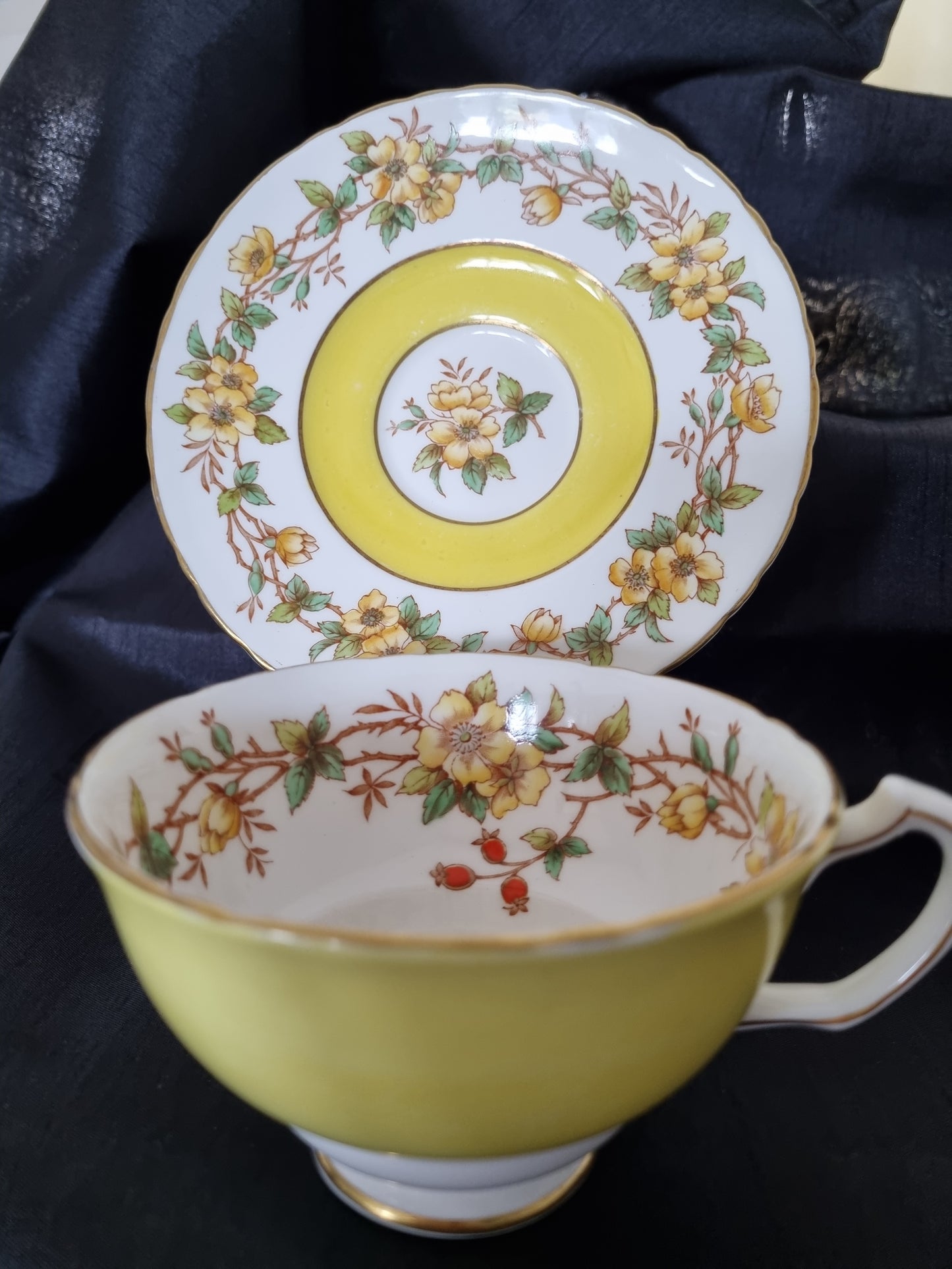 Staffordshire Vintage Tea Cup and Saucer with yellow flowers