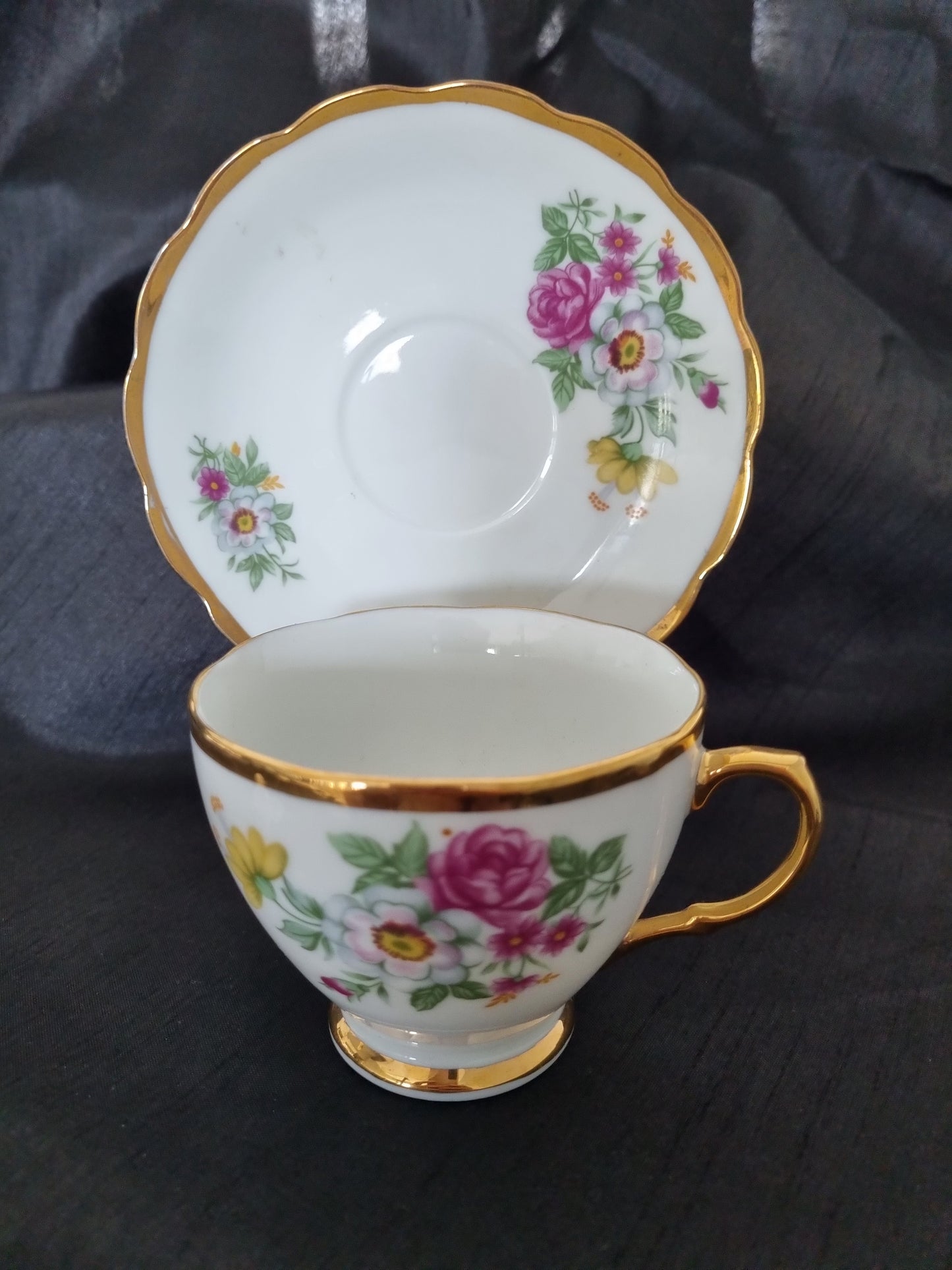 Vintage Tea Cup and Saucer Gold Trim with Floral Pattern