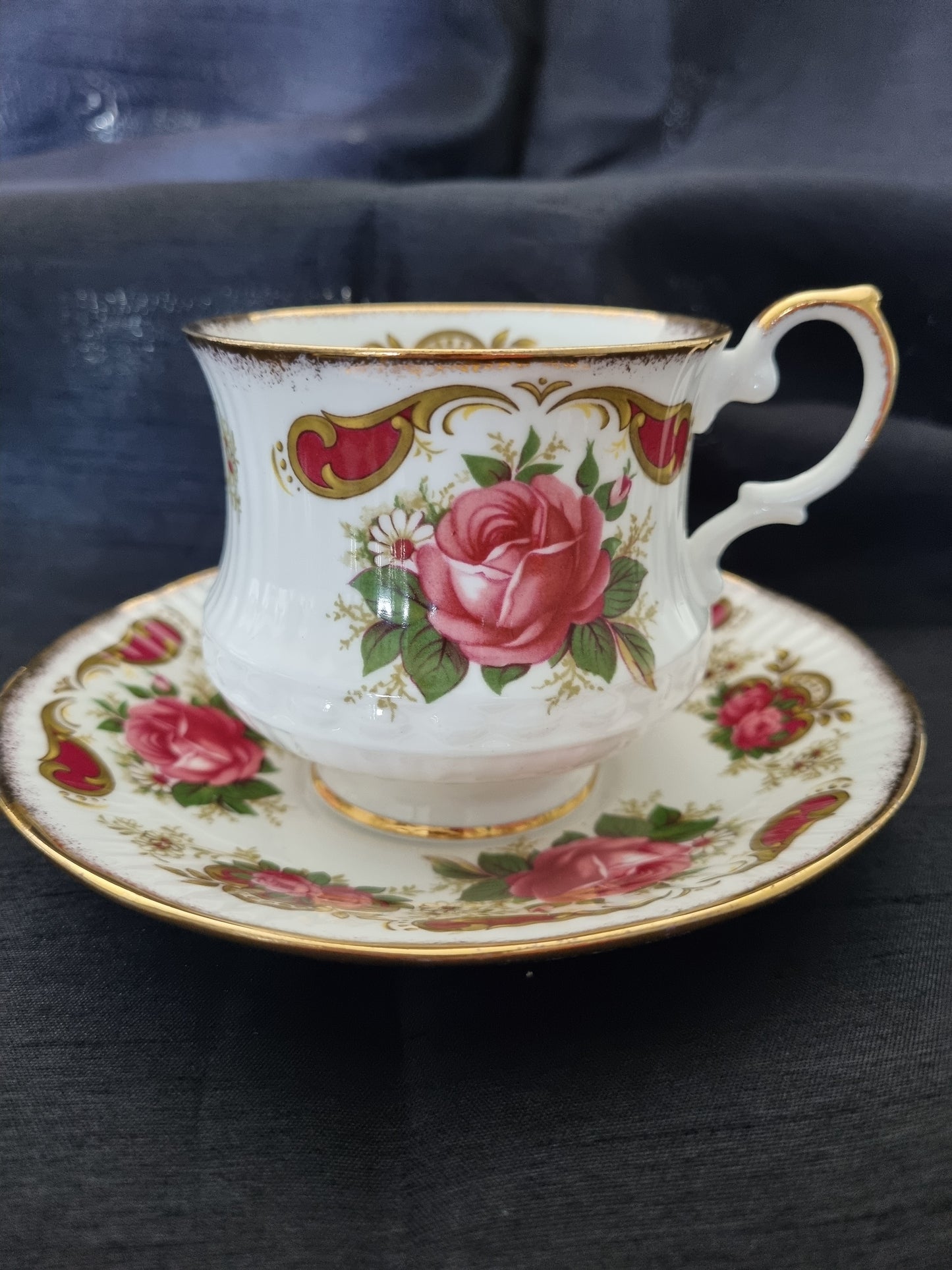 Queens Vintage Tea Cup and Saucer with gold trim and red rose