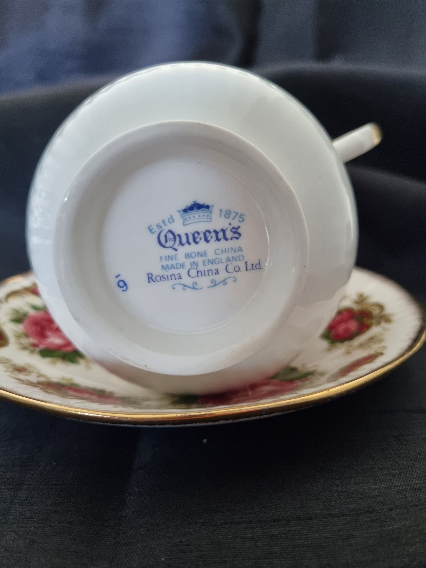 Queens Vintage Tea Cup and Saucer with gold trim and red rose