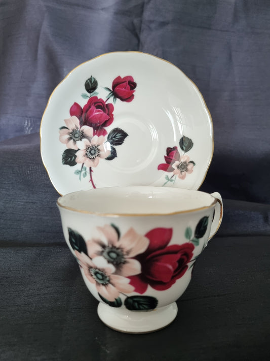 Queen Anne Vintage Tea Cup and Saucer with red rose