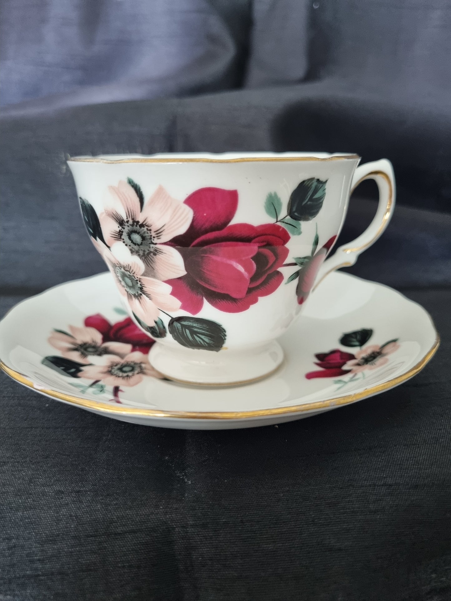 Queen Anne Vintage Tea Cup and Saucer with red rose