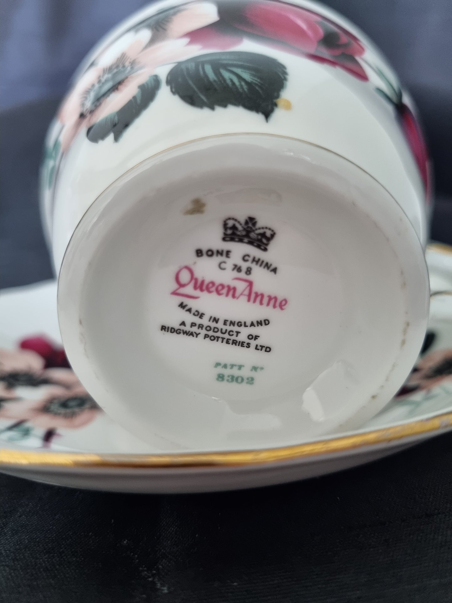 Queen Anne Vintage Tea Cup and Saucer with red rose