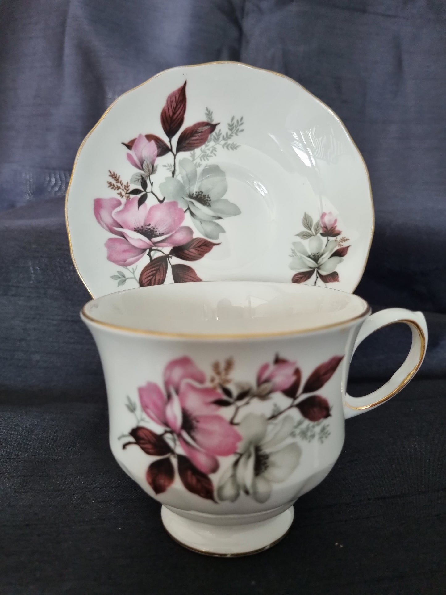 Queen Anne Vintage Tea Cup and Saucer with pink and white flowers