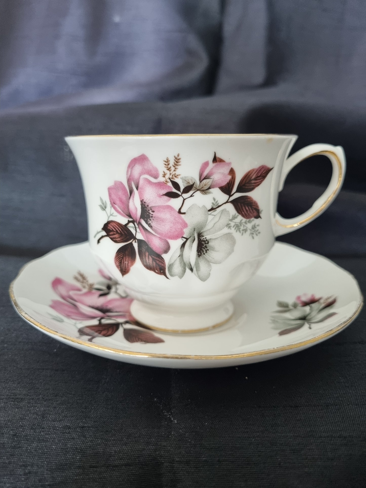 Queen Anne Vintage Tea Cup and Saucer with pink and white flowers