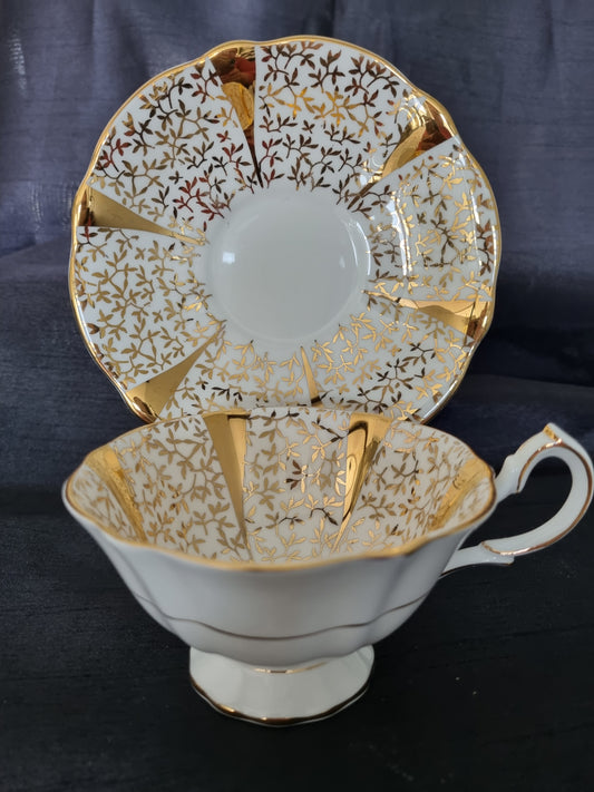 Queen Anne Vintage Tea Cup and Saucer with Gold Pattern