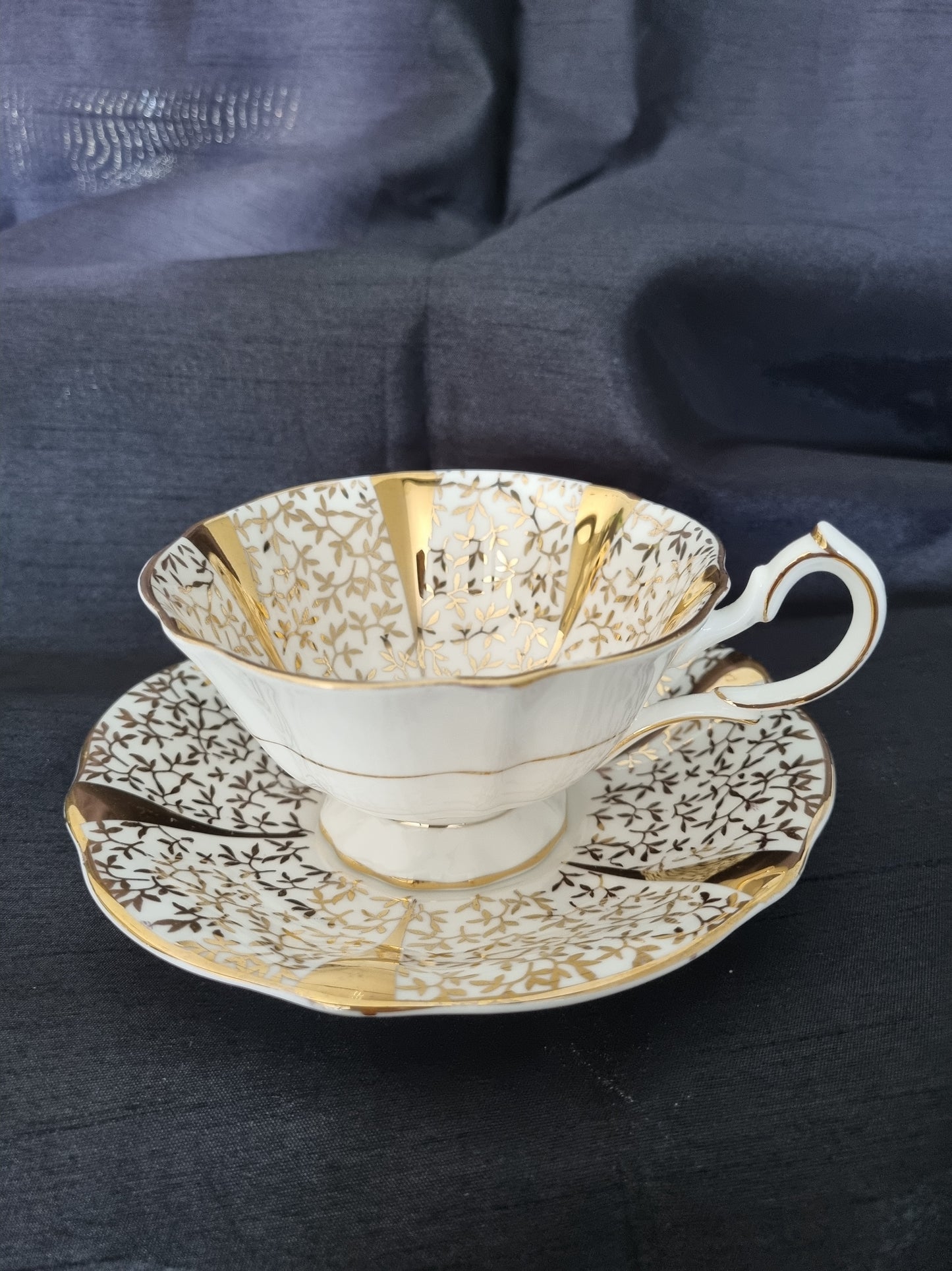 Queen Anne Vintage Tea Cup and Saucer with Gold Pattern