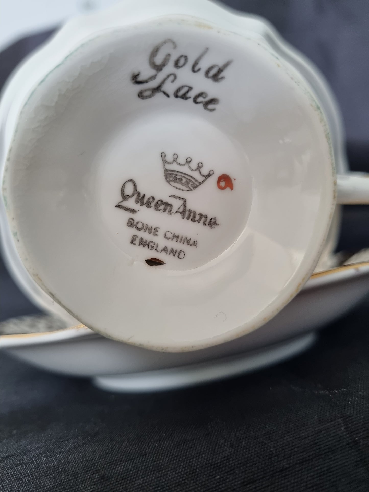 Queen Anne Vintage Tea Cup and Saucer with Gold Pattern