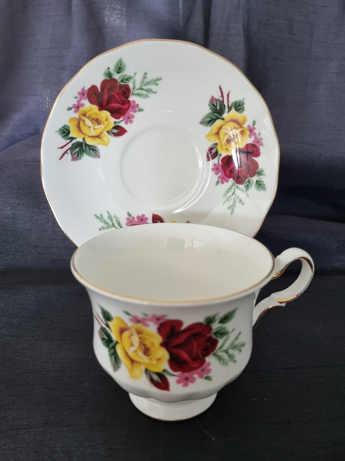 Queen Anne Vintage Tea Cup and Saucer with Red and Yellow Roses