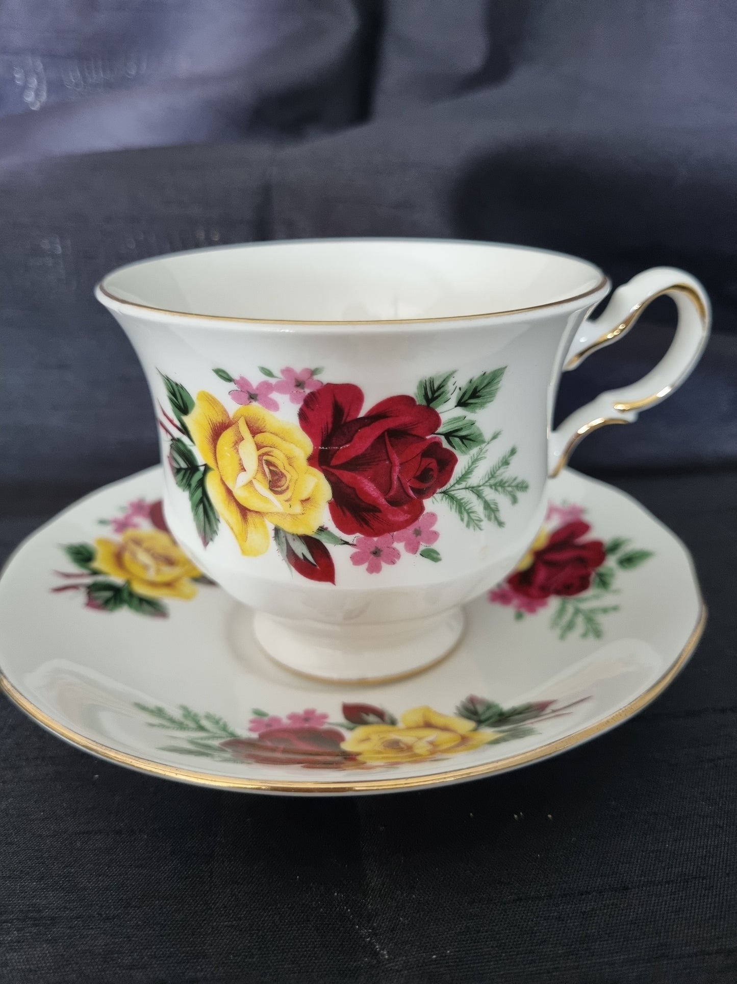 Queen Anne Vintage Tea Cup and Saucer with Red and Yellow Roses