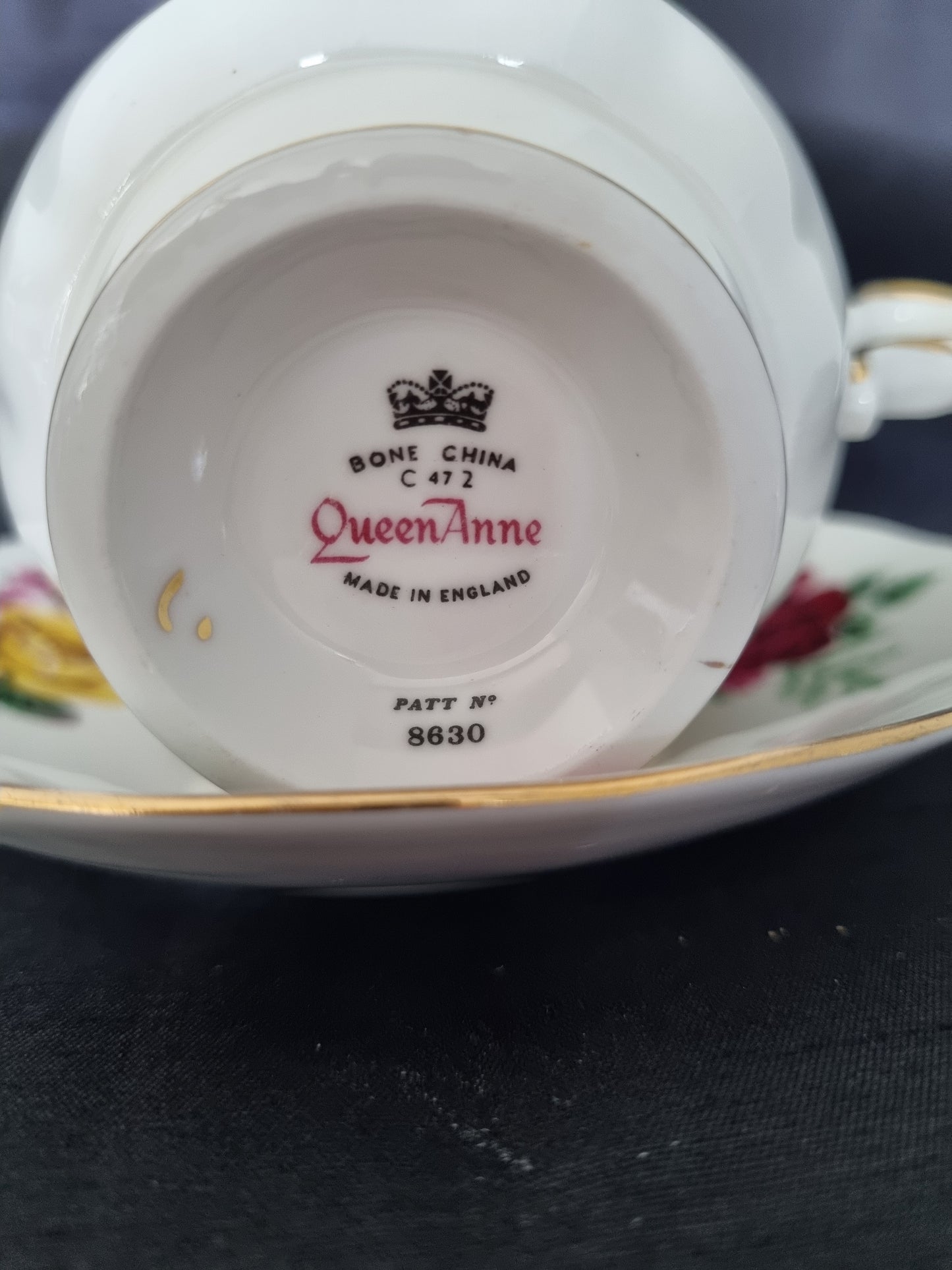 Queen Anne Vintage Tea Cup and Saucer with Red and Yellow Roses